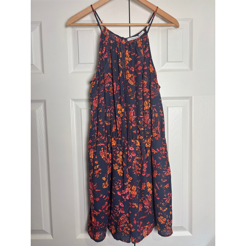 Collective Concepts Navy Floral Halter Romper Orange Pink Large